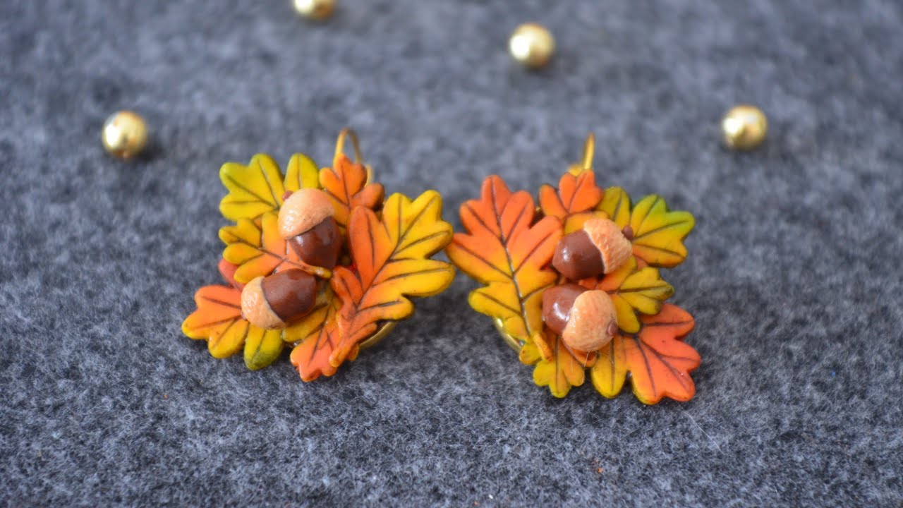 autumn oak leaves earrings from polymer clay. polymer clay tutorial