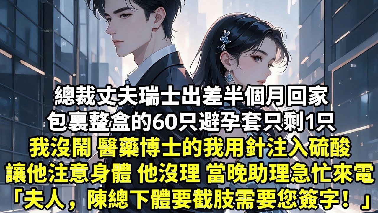 總裁丈夫瑞士出差半個月回家 包裏整盒的60只避孕套只剩1只 我沒鬧 醫藥博士的我用針注入硫酸 提醒他注意身體 他沒理 當晚助理急忙打來電話 「夫人，陳總下體要截肢需要您簽字！」【現代言情】【為