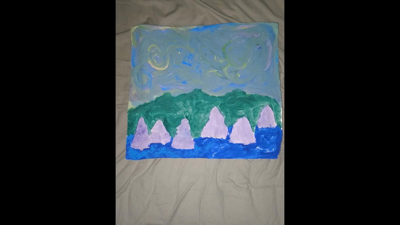 A forest with pink mountains and a sea of wild waves