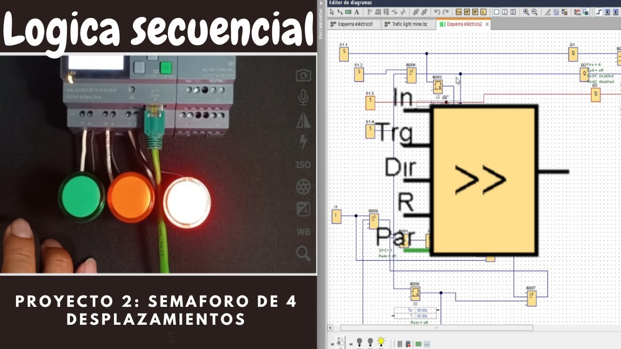 PROYECTO 2 Semáforo con 4 Desplazamientos usando REGISTROS Y BITS DE DESPLAZAMIENTOS - PLC LOGO 8