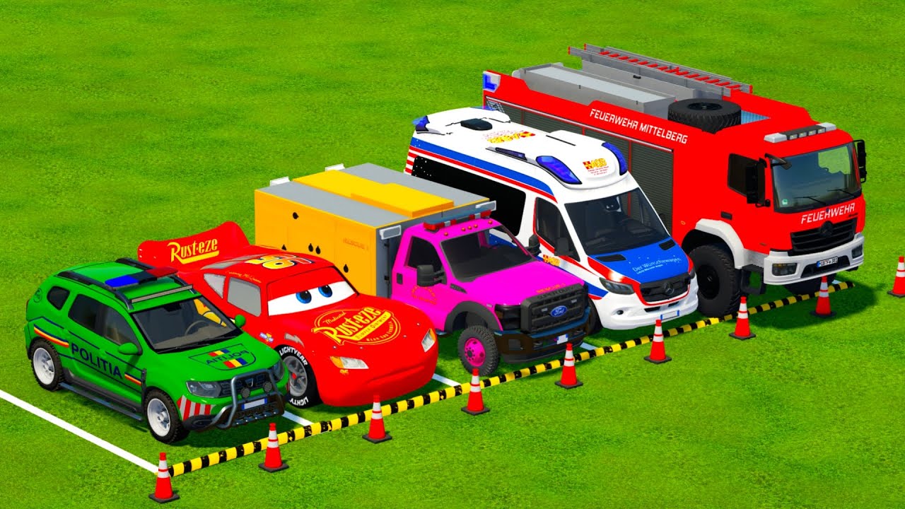 DACIA, MCQUEEN CAR سيارة ماكوين FORD POLICE CARS, AMBULANCE EMERGENCY TRANSPORTING WITH TRUCKS! FS22