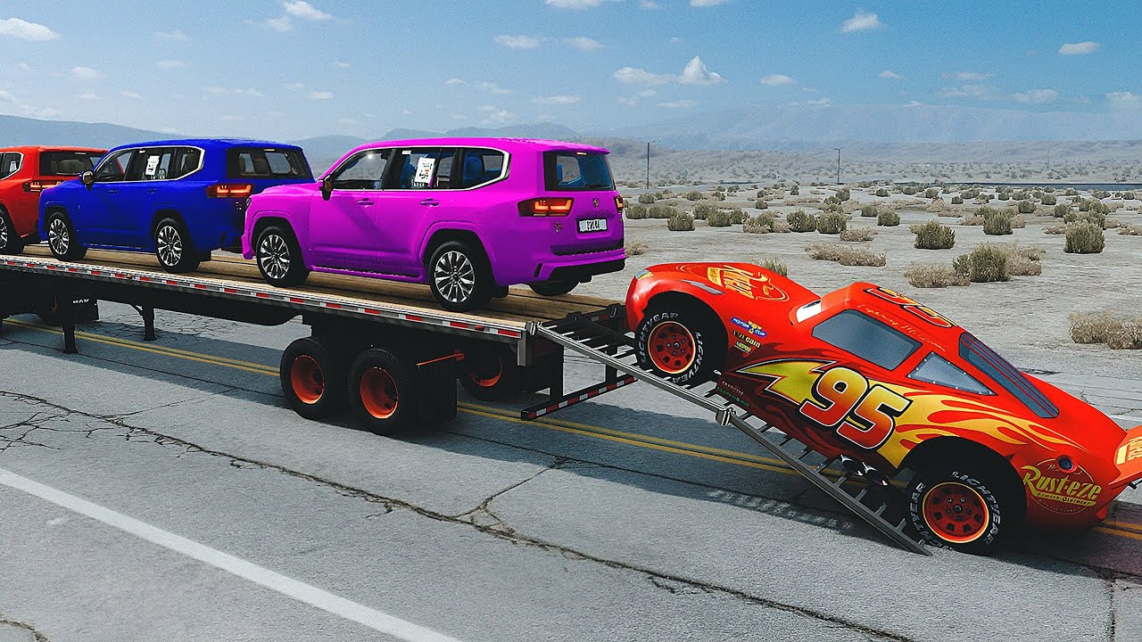 TRANSPORTING PIXAR CARS & FRUITS WITH COLORED & JOHN DEERE vs CLAAS vs TRACTORS - BeamNG.drive #962