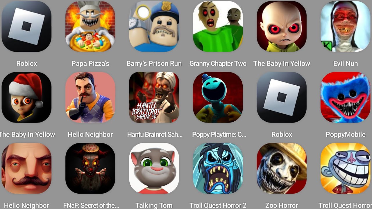 Papa Pizza's Escape,Roblox,Poppy Playtime Chapter 5,Talking Tom,Barra's Granny House,Baby In Yellow