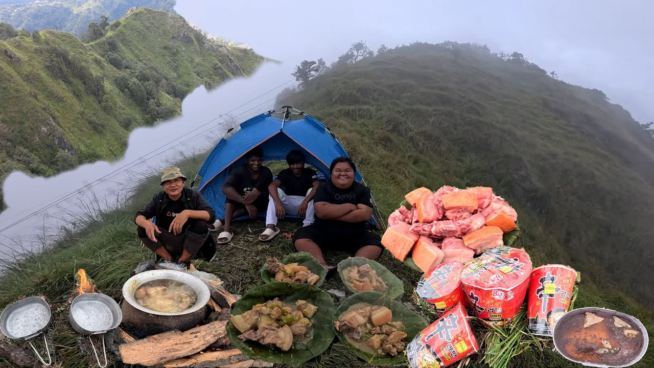 We Survive in Lake Side Outdoor Camping Pork Meat & Shin Cup Noodles Cooking and Eating LoveNature