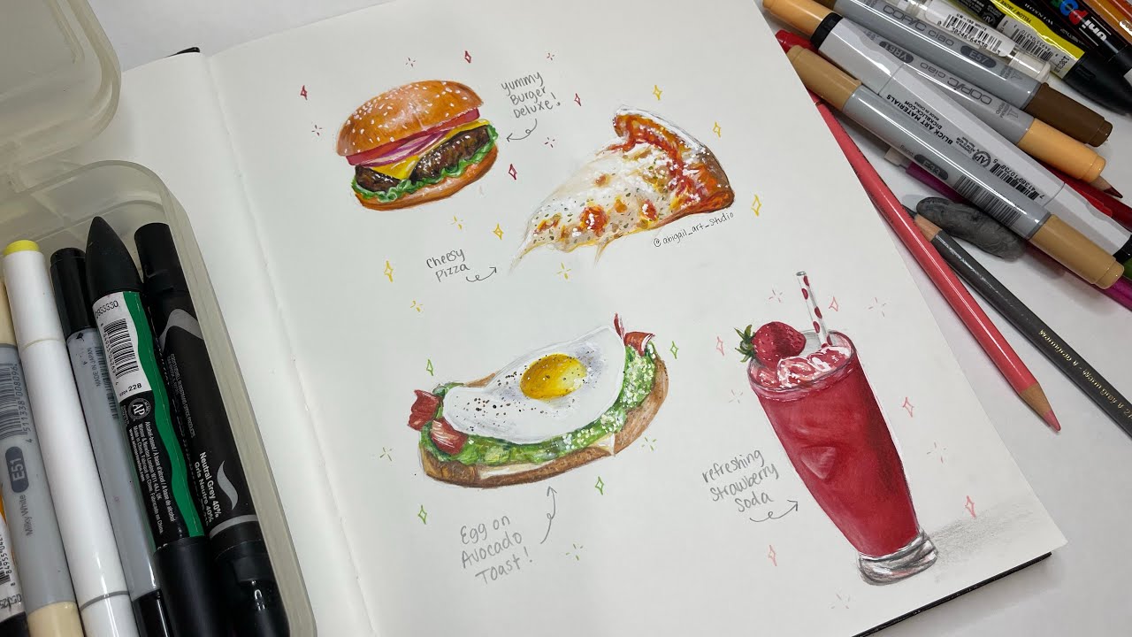 Draw with me | Food Illustrations🍔🍕 Using Alcohol Markers & Color Pencils.