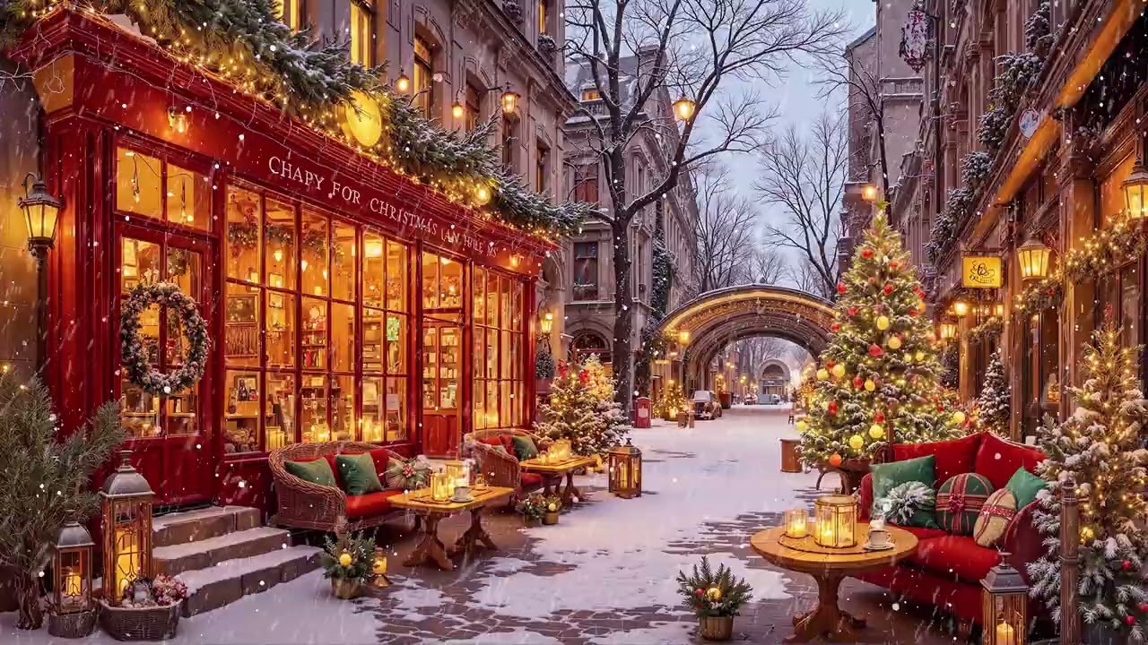 Vintage Christmas Jazz Street – Cozy Café Ambience with Snowfall and Smooth Holiday Melodies ❄️🎄