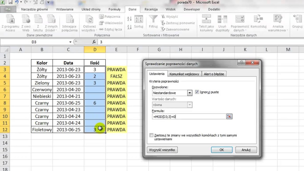 Excel  - Poprawność danych niestandardowa - tylko liczby podzielne przez 3 - porada #70