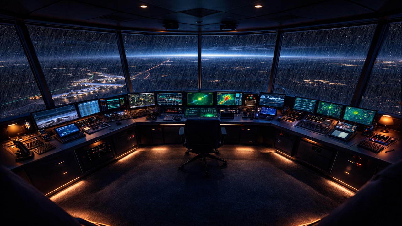 🌧️ Rainy Night Shift in the Control Tower ⚡ | Deep Storm Ambience