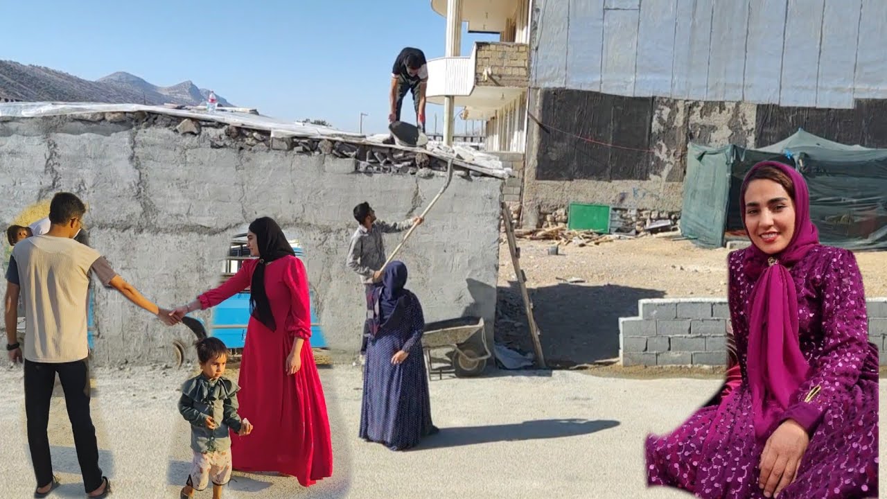 Mahin and her siblings، Adel and Sadeq finishing the roof of the house