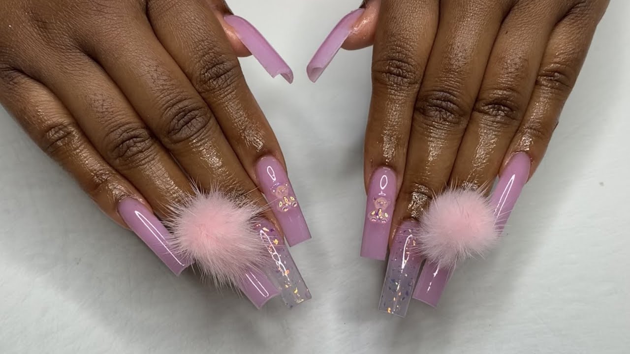 Long Tapered Square Gummy Bear Pom Pom Accent Acrylic Nail