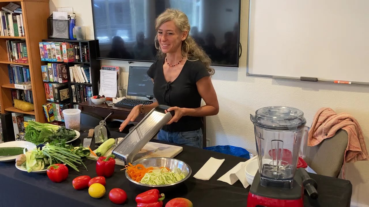 Raw vegan noodles with exotic sauce or pesto - live demo at TrueNorth Health Center - 8 1 24