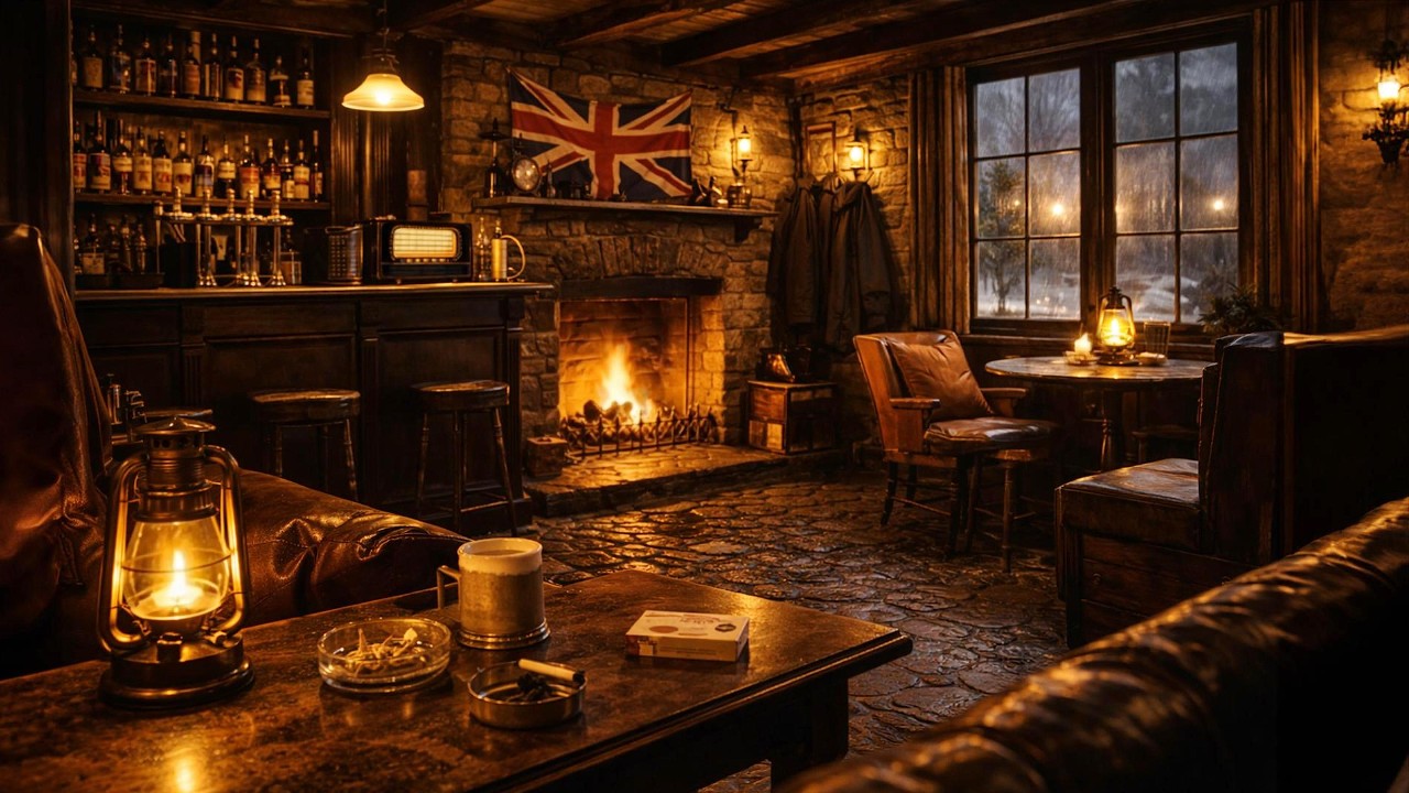 1940s Soft Jazz in a Wartime Pub | Cozy Fire & Rain Ambience