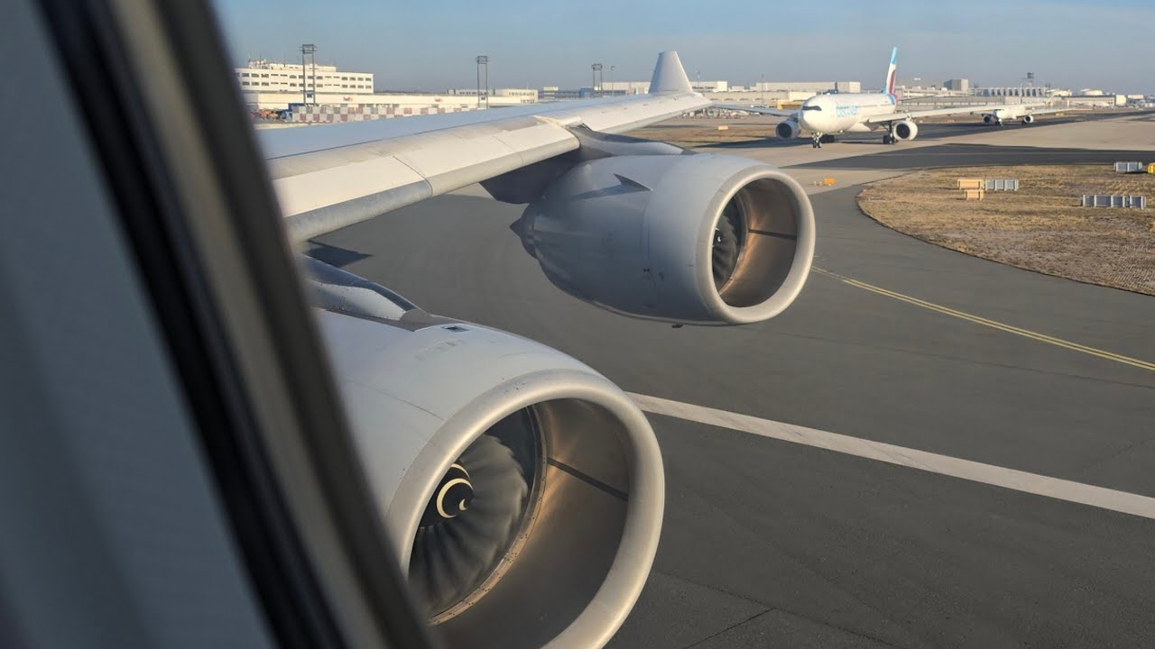 (ONE OF THE LAST - ENGINE ROAR) Lufthansa Airbus A340-600 takeoff from Frankfurt to Riyadh