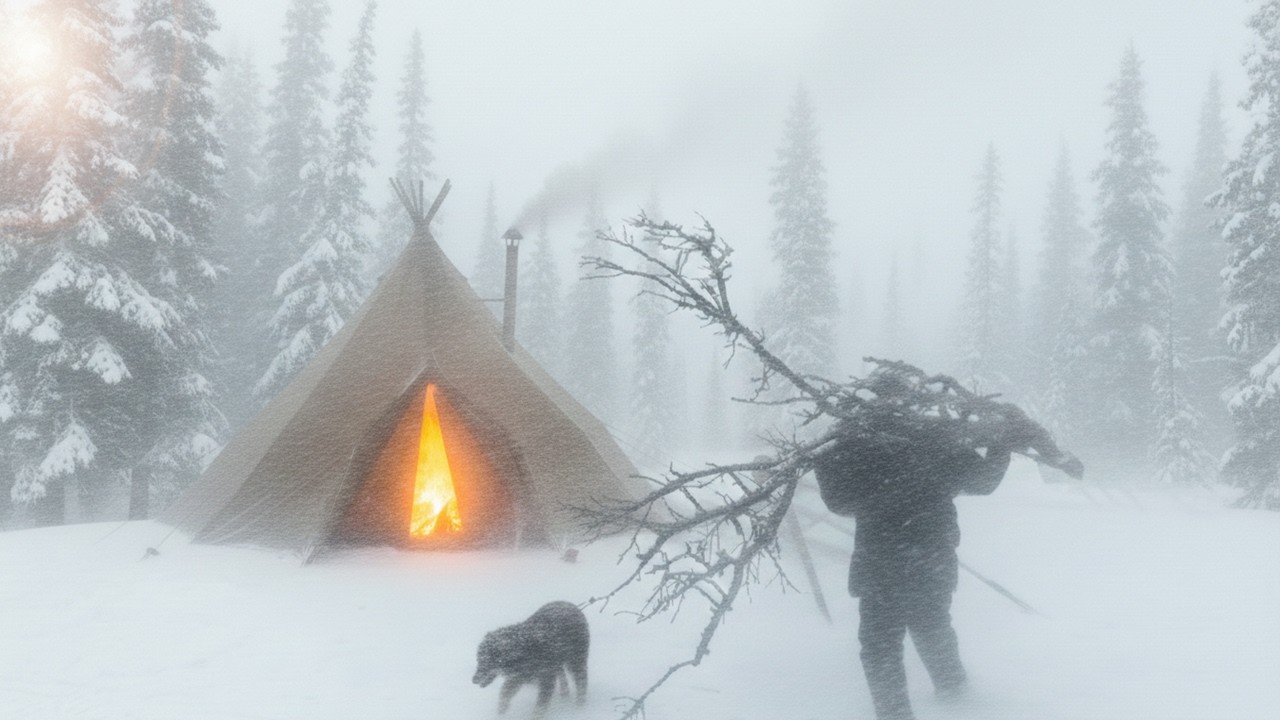 EXTREME Winter SNOW STORM -43F WINTER CAMPING WINTER STORM hits HOT tent. FREEZING wind
