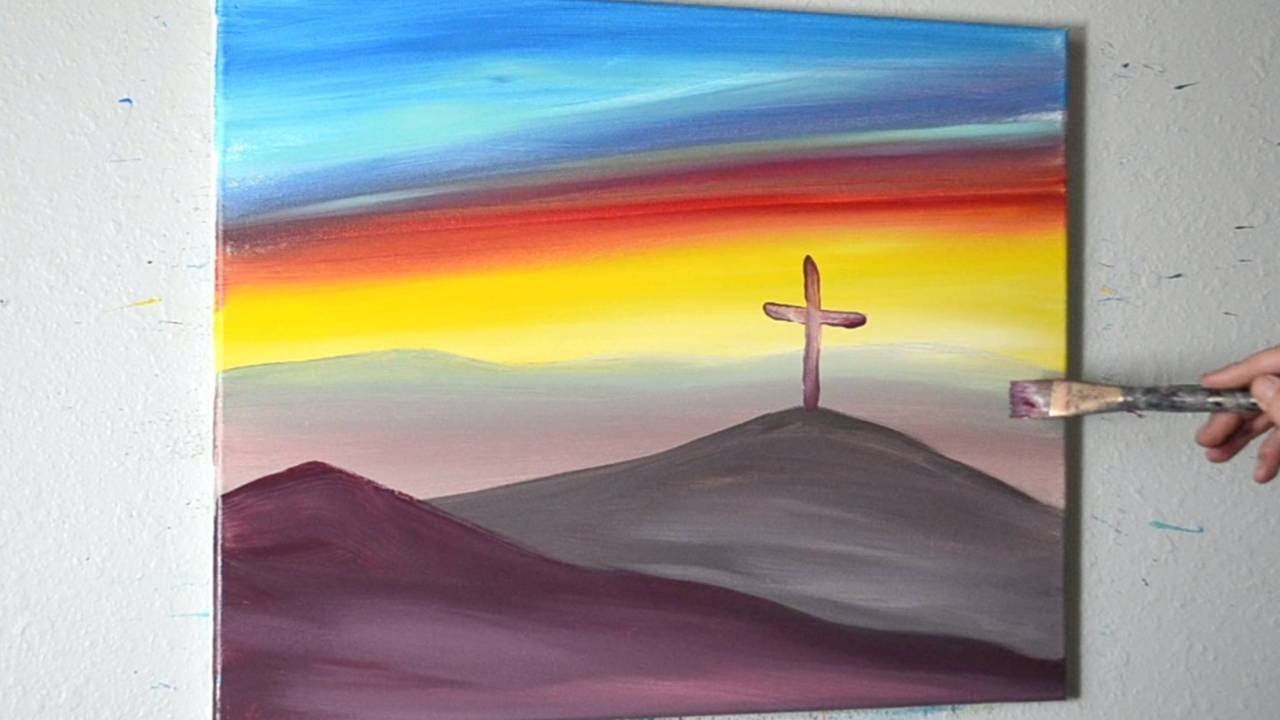 Sunset Painting of a Cross on a Hill for Beginners - Real Time Demo