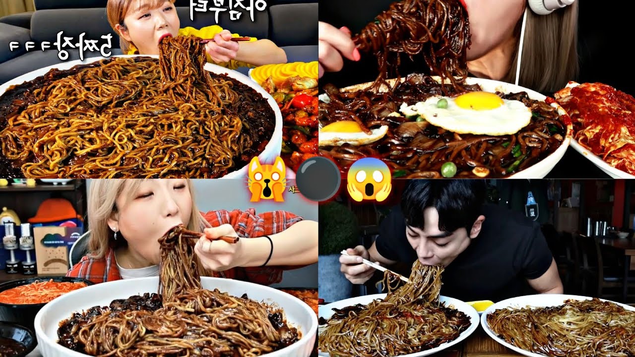 Jjajangmyeon Black Bean Noodles BIG BITES!⚫🤯🙀😱