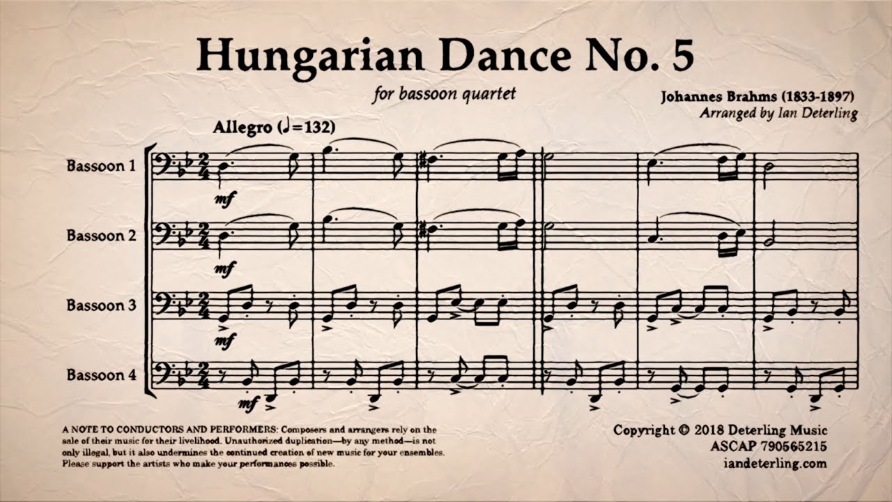 Hungarian Dance No. 5 by Johannes Brahms (arr. bassoon quartet)