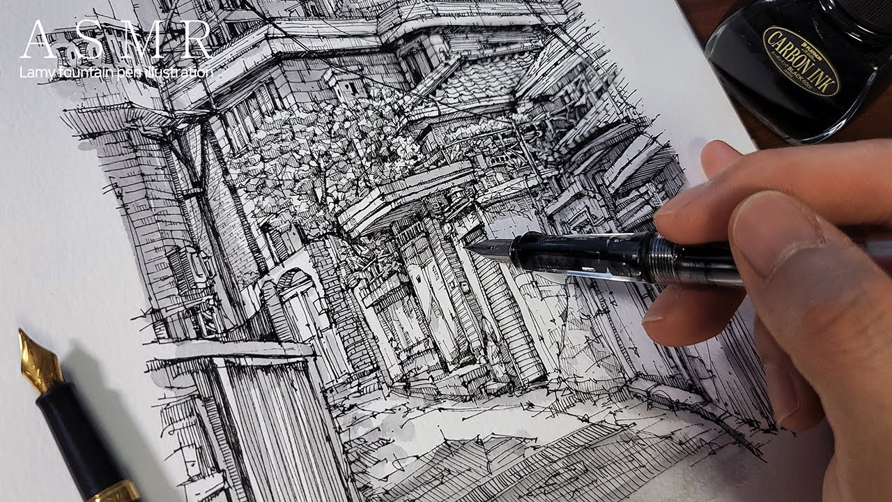 【ASMR】 만년필로 그림 그리는 소리 SOUND and DRAWING by a Lamy fountain pen ✒ Side Street. (No Talking)
