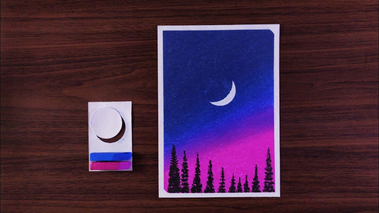 Moonlight Evening Sky Scenery | Pink & Blue | Easy Soft Pastels Drawing for beginners | Art Artistry