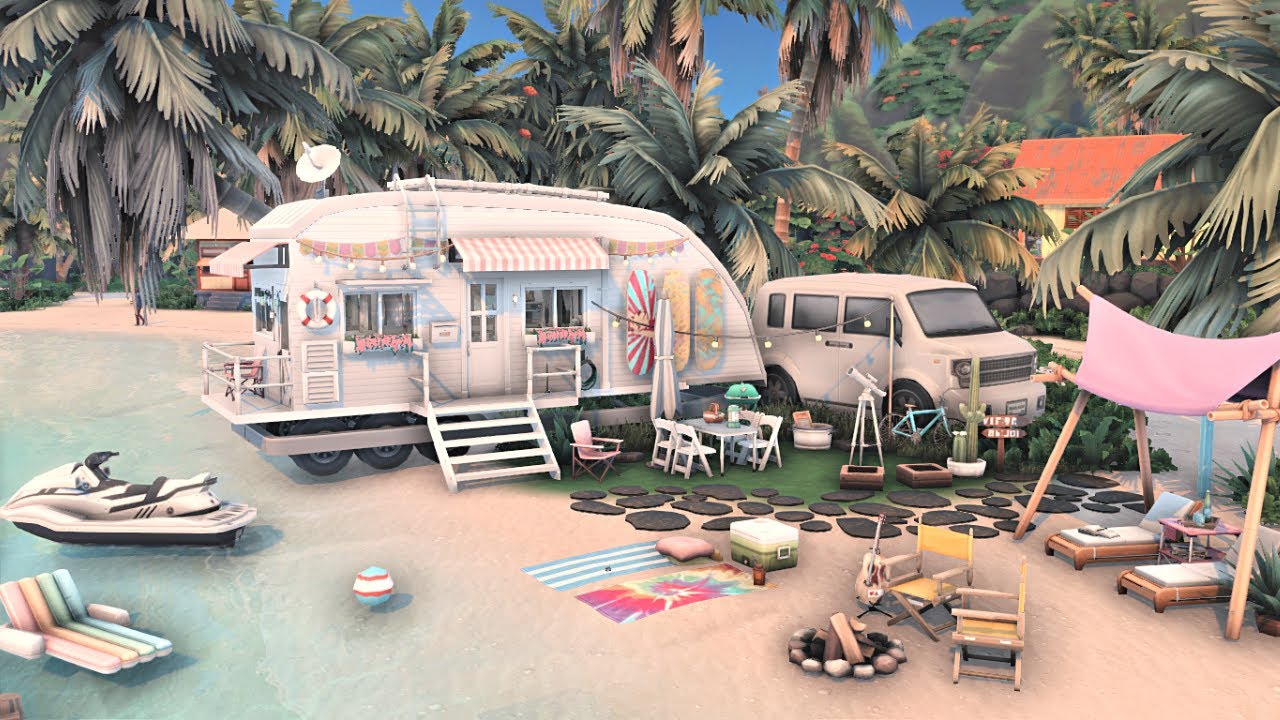 caravan by the sea 🌊 | The Sims 4 | speed build with ambience sounds | no cc
