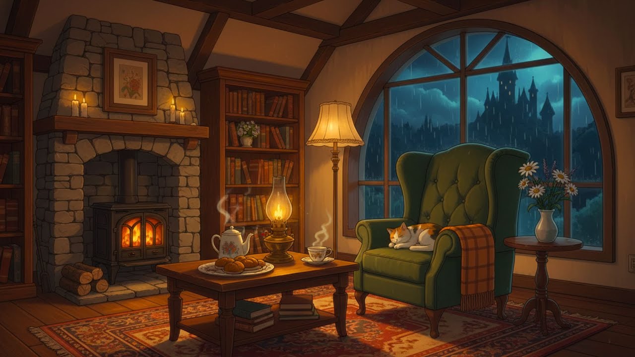 you’re in the 1930s listening to vintage oldies in a cozy reading nook with rain & fireplace