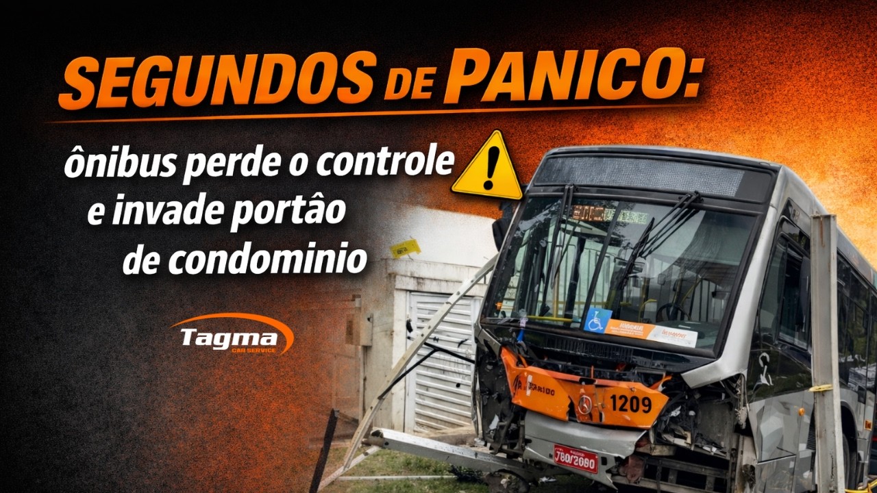 SEGUNDOS DE PÂNICO: ônibus perde o controle e invade portão de condomínio