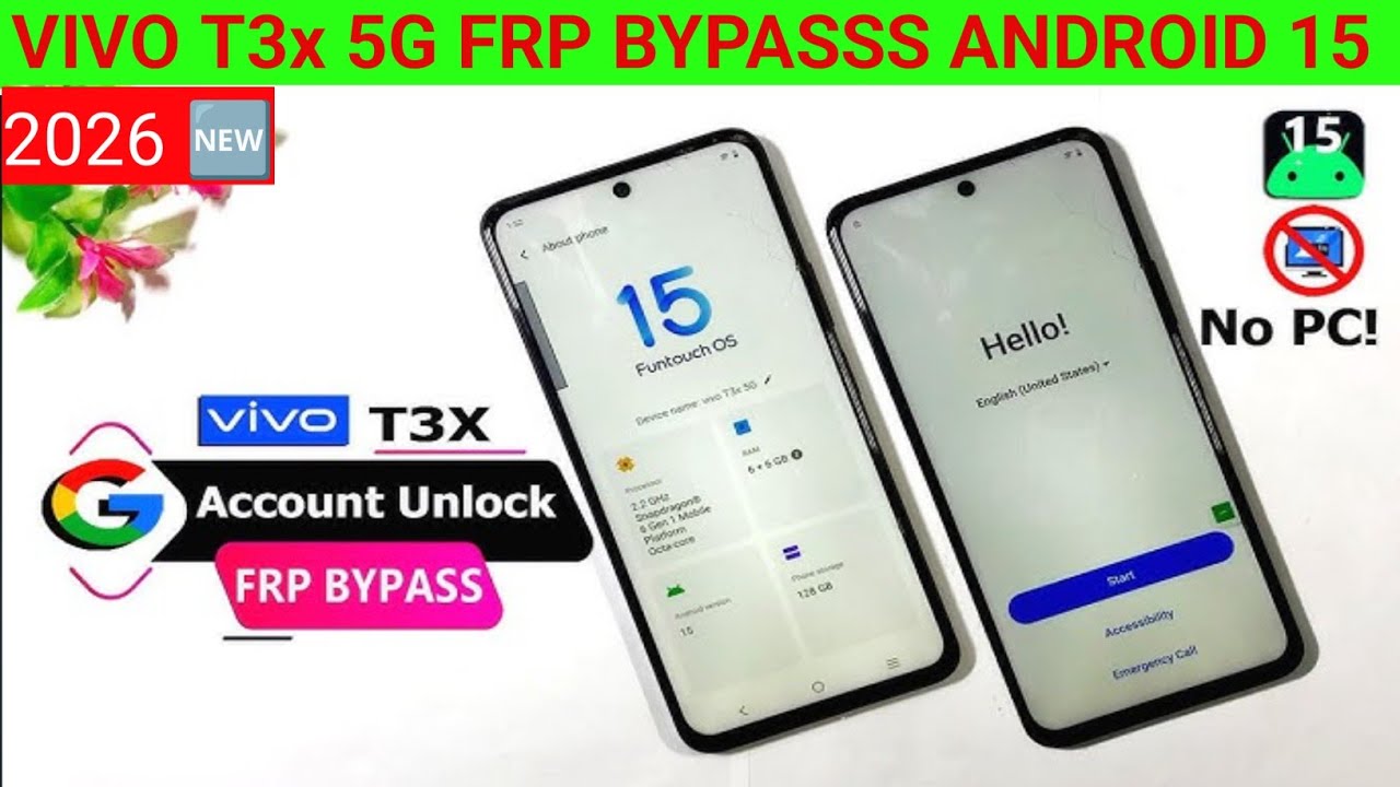Vivo t3x frp bypass Android 15. Latest security 2026. Google Account Bypass without computer 