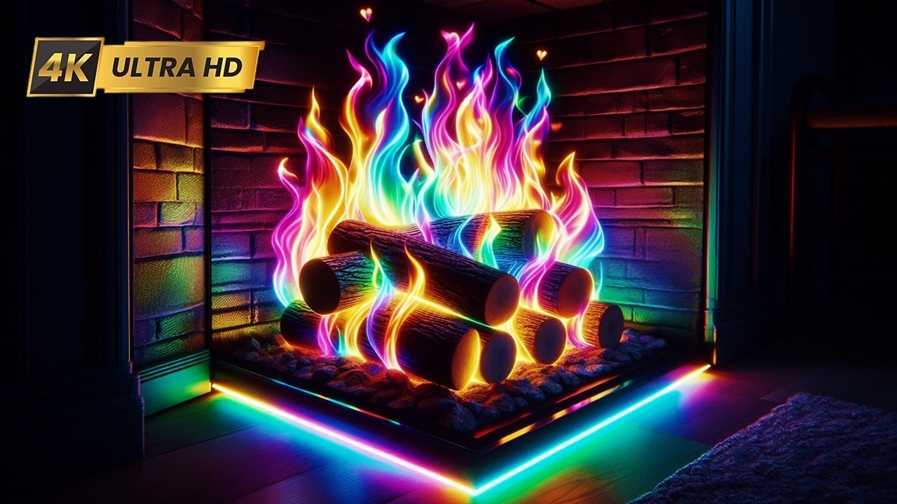 Cozy RAINBOW Fireplace 4K UHD (12 HOURS NO ADS). Rainbow Flames with Logs Crackling Sounds!