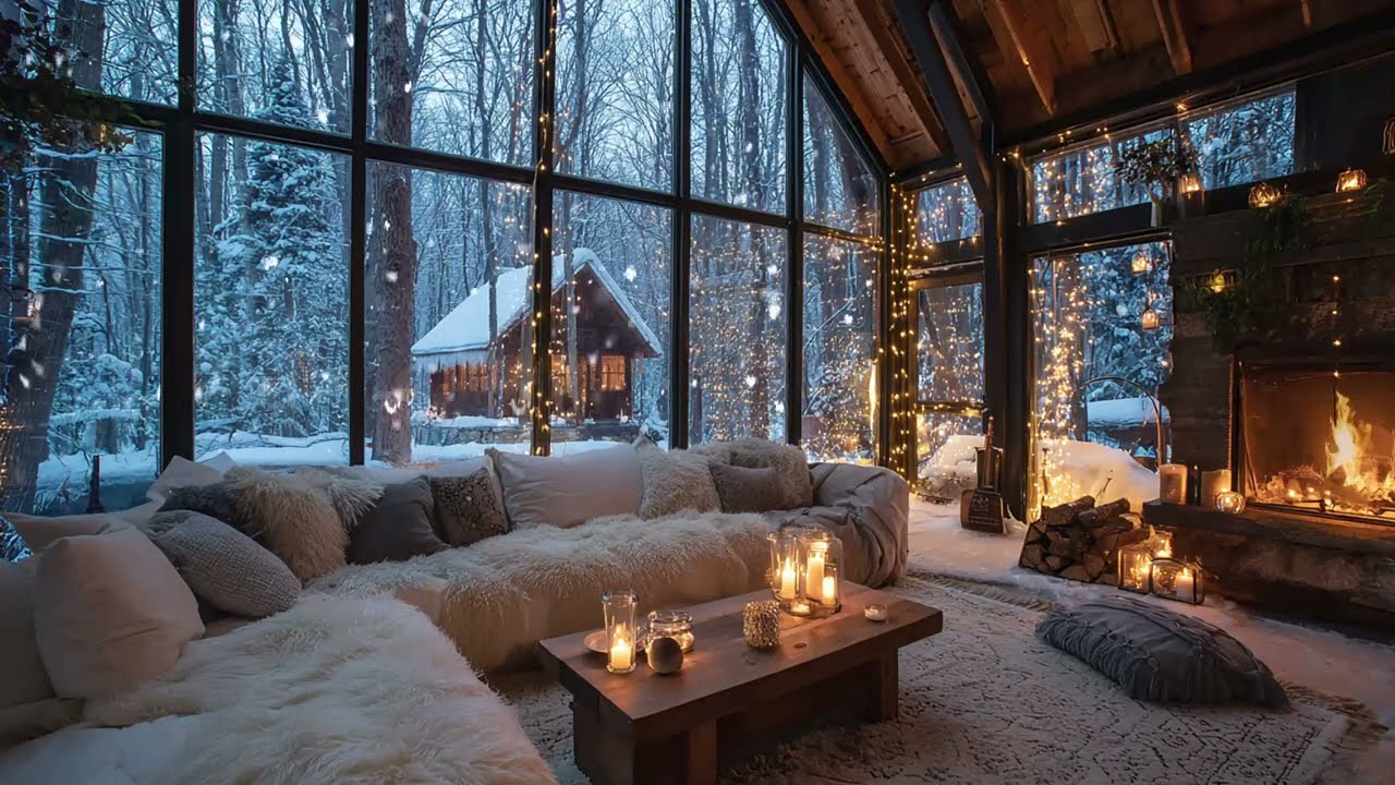 Warm Fireplace & Soft Piano Relaxing Holiday Ambience with Snowfall
