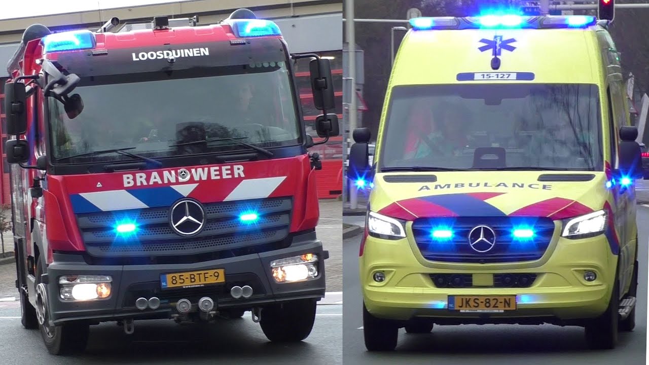 Brandweer en Ambulances met spoed onderweg in Den Haag Loosduinen
