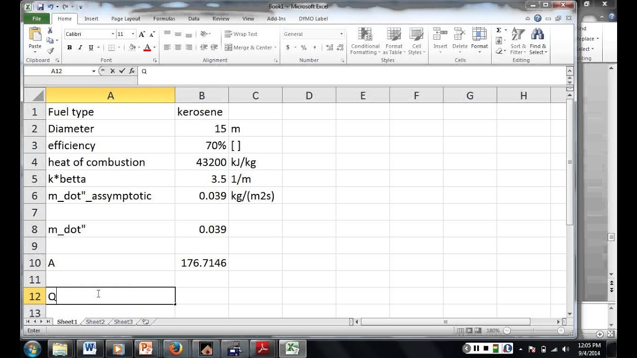 Pool fire Mass flux and flame height equations - programming into Excel