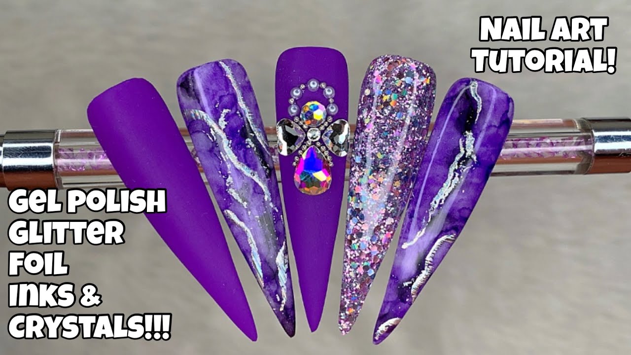 Purple Marble Nails with Angel Crystal Placement!