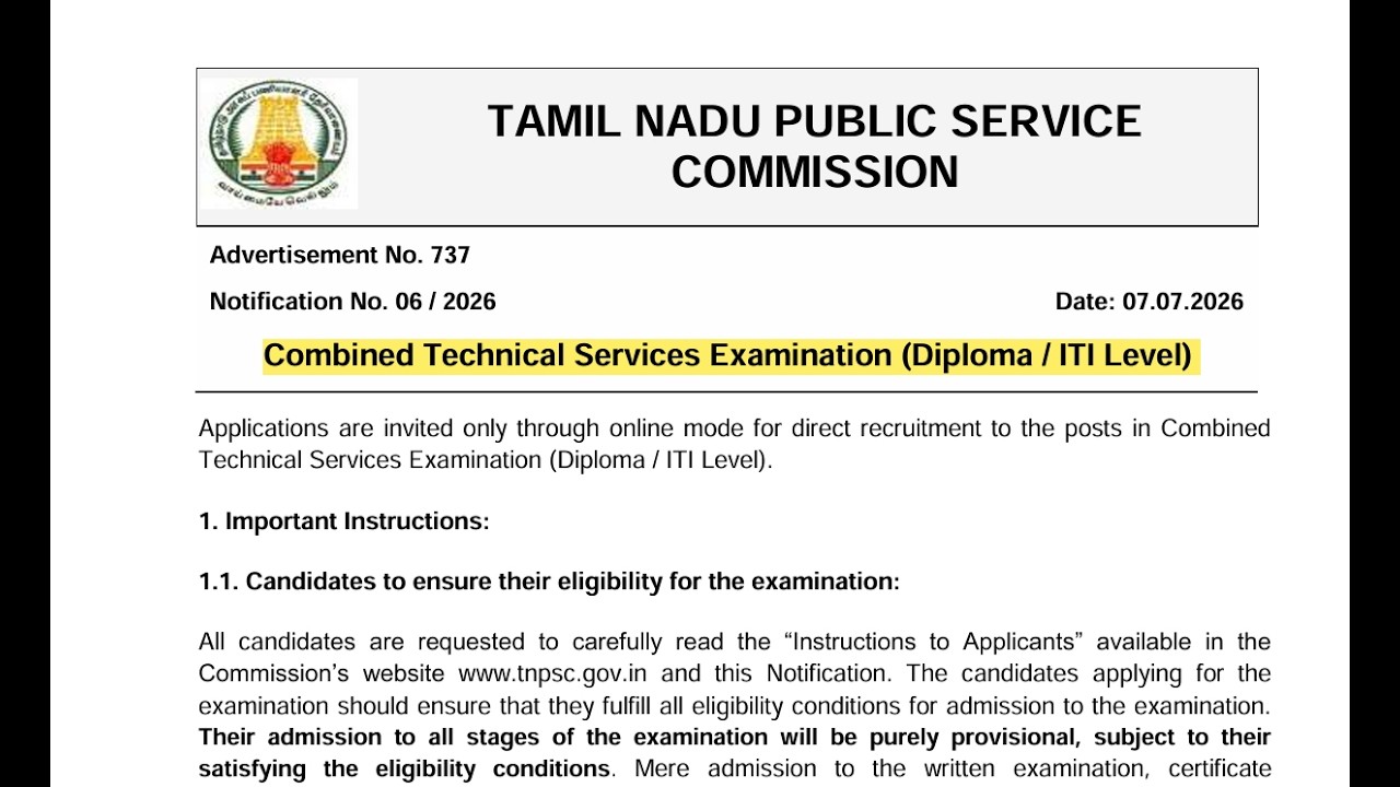 Combined Technical Services Examination (Diploma / ITI Level)- NOTIFICATION 2026
