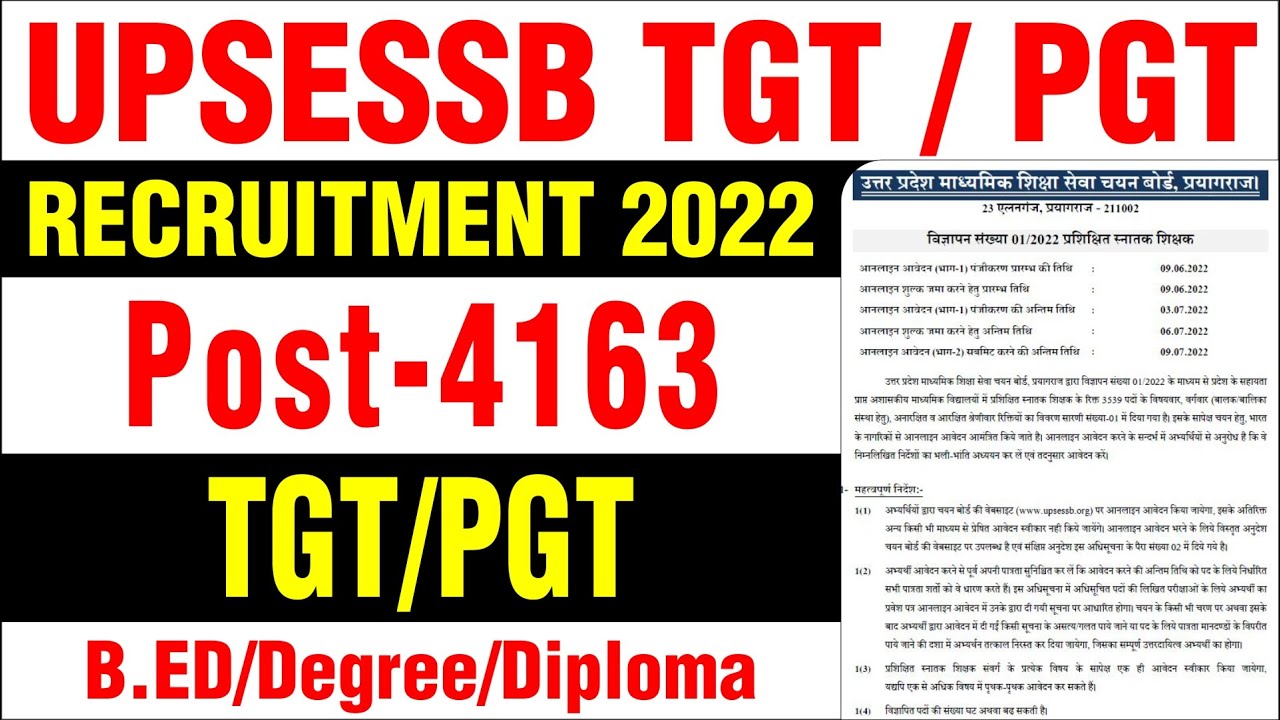 UPSESSB TGT PGT Recruitment 2022 I Up TGT PGT Vacancy 2022 I 4163 TGT PGT Posts Full Information