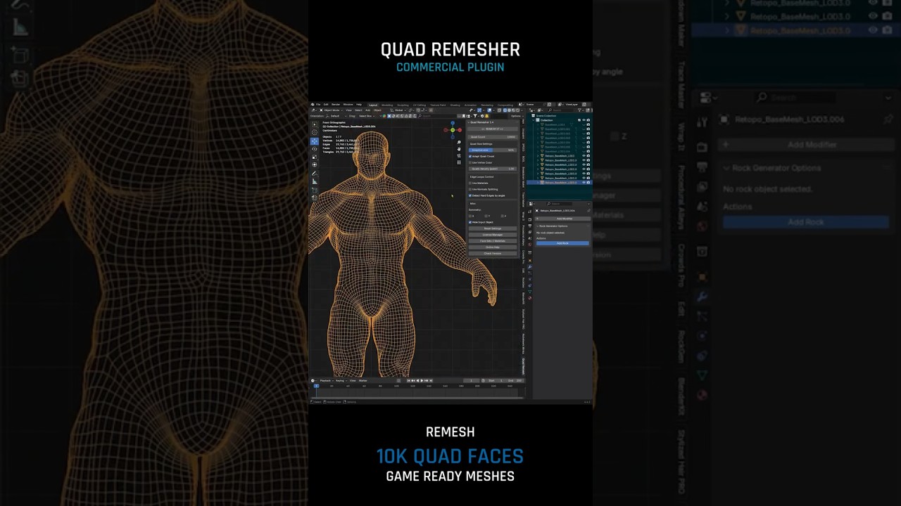 Quad Remesher - Blender Add-On, Tutorial - See the results of remeshing a character with 7mil. Faces