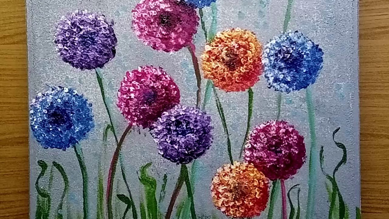 How to Paint Flowers Easy with cotton swab  / Pop Acrylic  Painting Technique on Canvas for Beginner
