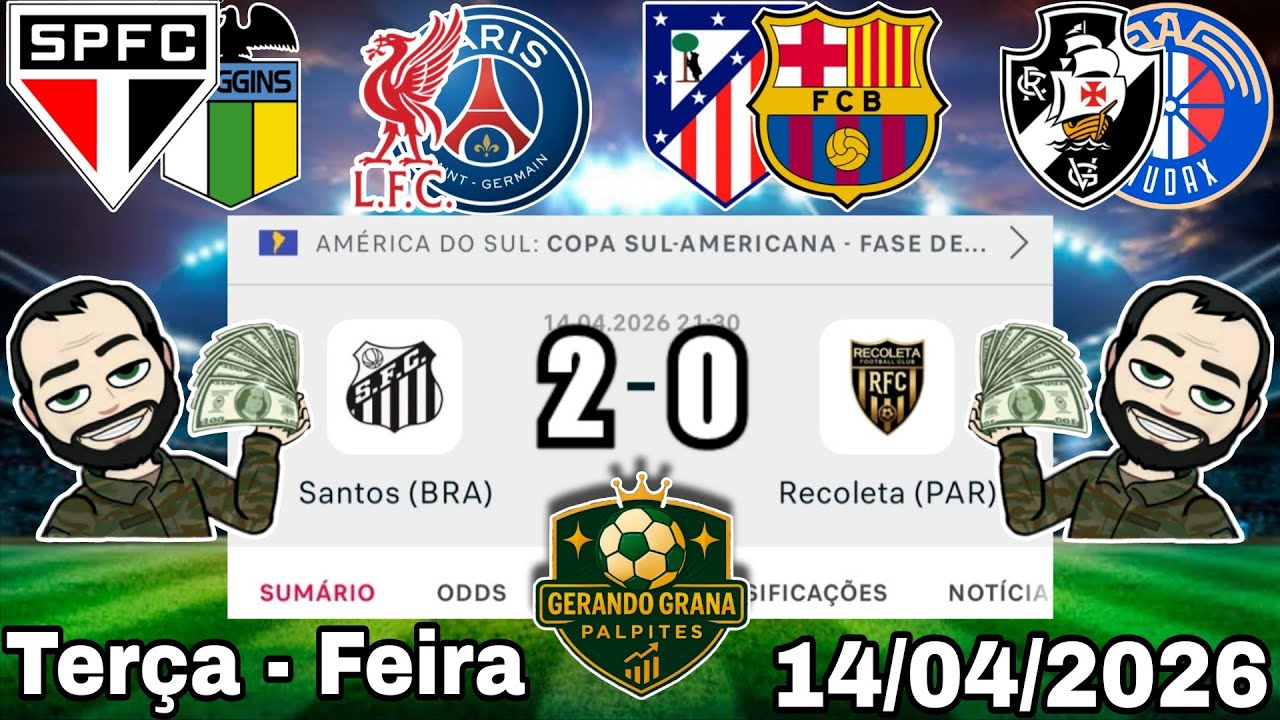 PALPITES DE FUTEBOL PARA HOJE 14 04 2026 TER&Ccedil;A - FEIRA COM PLACARES EXATOS, BILHETE PRONTO + ZEBRA