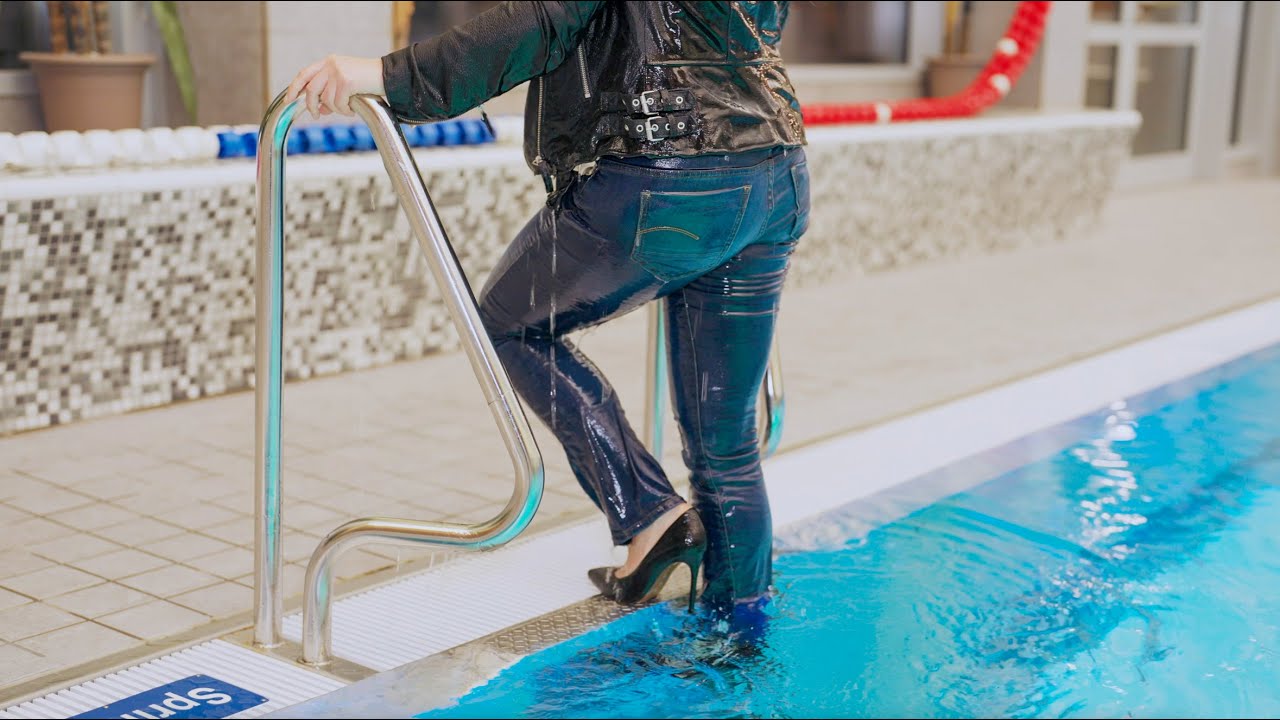 Pool swim in jeans and leather jacket
