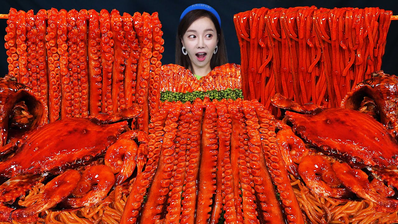 RUS SUB) Buldak Octopus 🐙 Seafood FLEX Spicy Stir Fried Jjamppong Noodles Mukbang ASMR Ssoyoung
