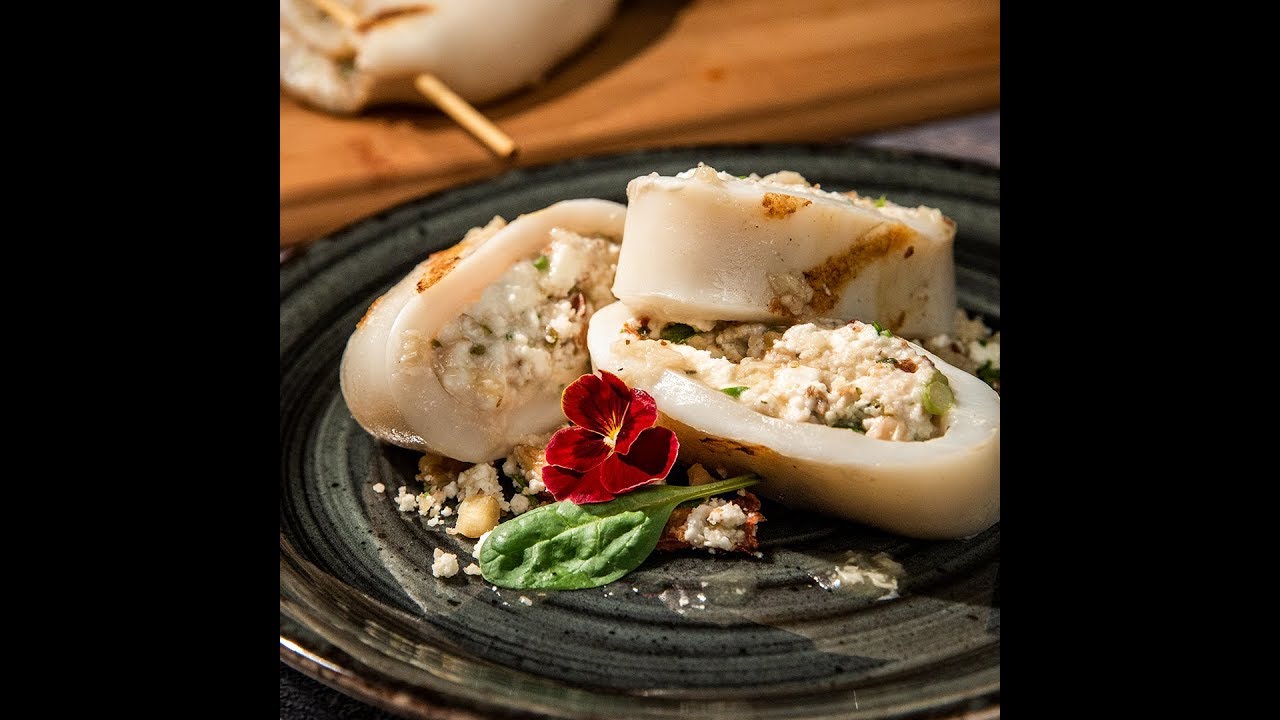 Feta and Walnut Stuffed Squid with Garlic Sauce