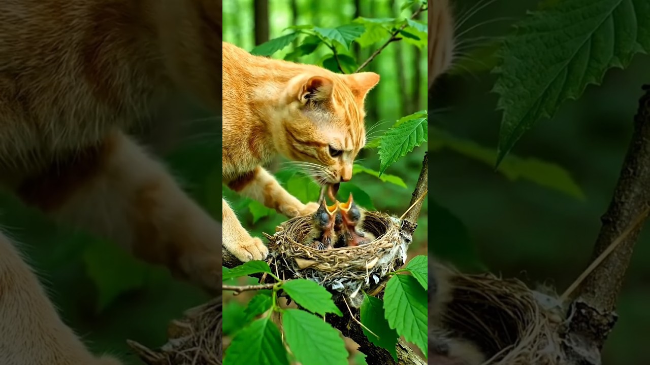 The cat 🤔 feeds the birds that lost their mother 