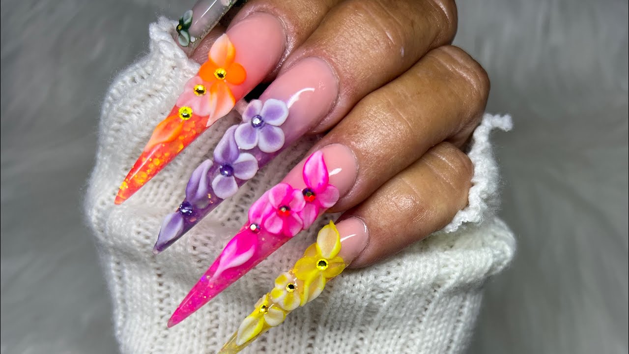 NAILS AND CHIT CHAT! 3XL STILETTO/GLITTER/NUDE OMBRE.3D ACRYLIC FLOWERS/CRYSTALS/NAIL ART/TUTORIAL