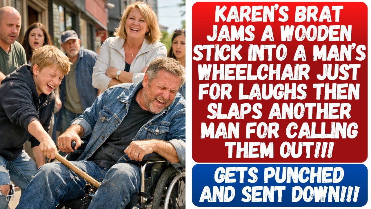 KAREN’S BRAT JAMS A WOODEN STICK INTO A MAN’S WHEELCHAIR JUST FOR LAUGHS & SLAPS WHO CALLED THEM OUT