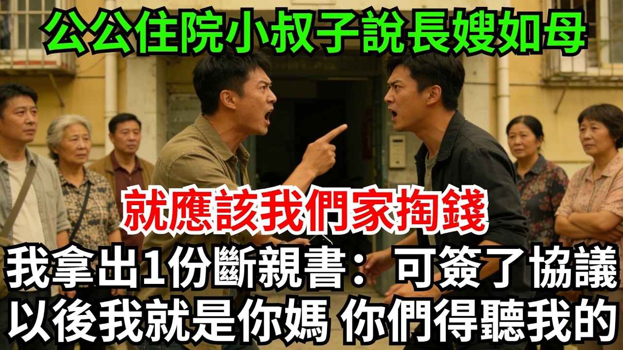 公公住院小叔子說長嫂如母,就應該我們家掏錢。我點頭同意拿出一份斷親書：可以，簽了這協議，以後我就是你們媽，你們得聽我的。他瞬間楞住了!#完結故事#情感故事#爽文#婆媳關系#家庭生活#故事頻道#故事分享