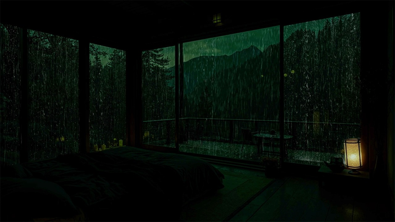 Deep Forest Winter Rain in a Dark Bedroom 🌧 (No Ads) | Peaceful Cabin Ambience for Deep Sleep
