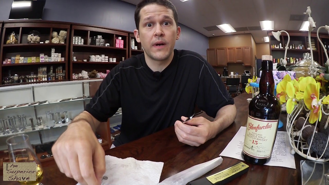Dovo Best Quality Celluloid Scales Straight Razor Care Regimen with Glenfarclas 15 Scotch Whisky