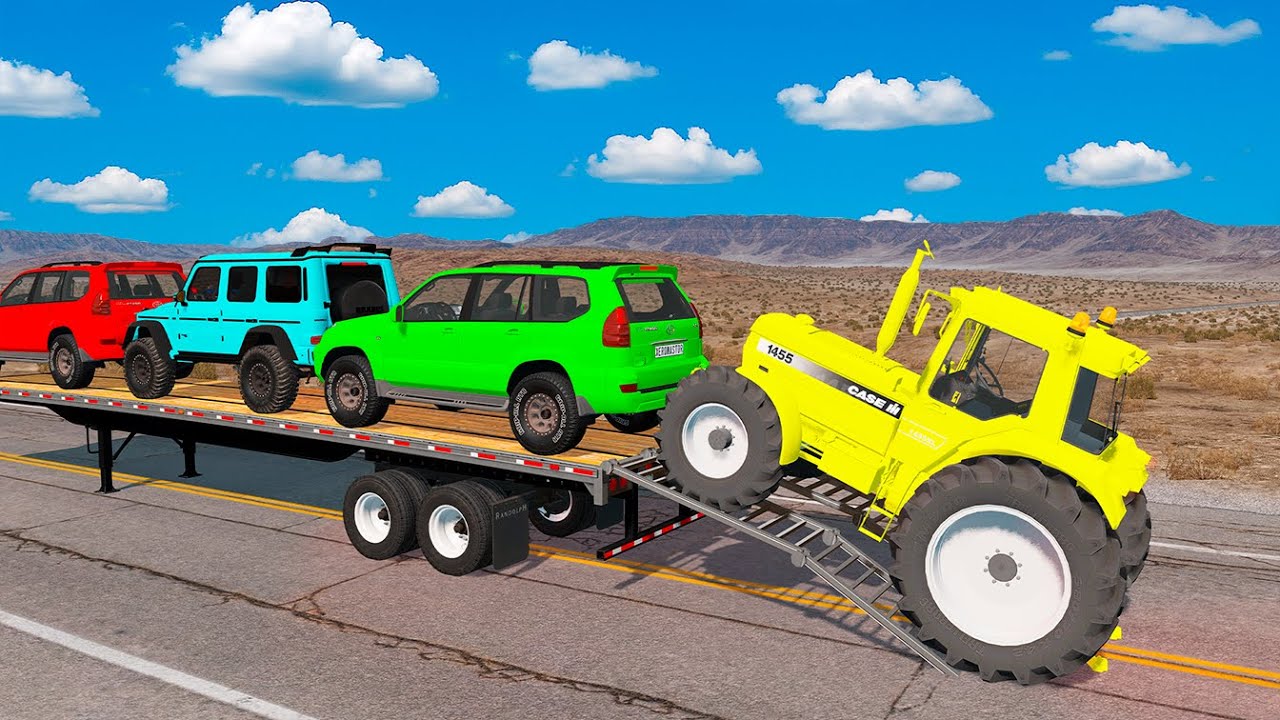 TRANSPORTING PIXAR CARS & FRUITS WITH COLORED & JOHN DEERE vs CLAAS vs TRACTORS - BeamNG.drive #962