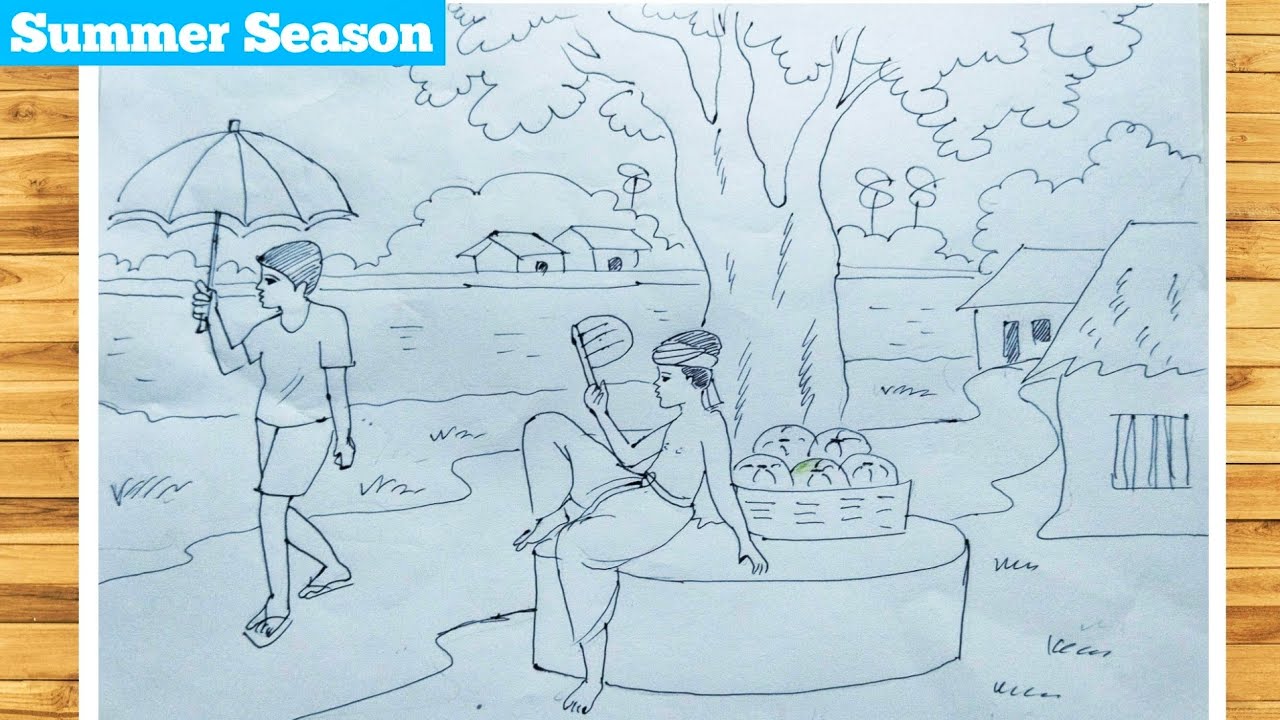 Summer Season Scenery Drawing / Summer drawing / Village Scenary Drawing -step by step