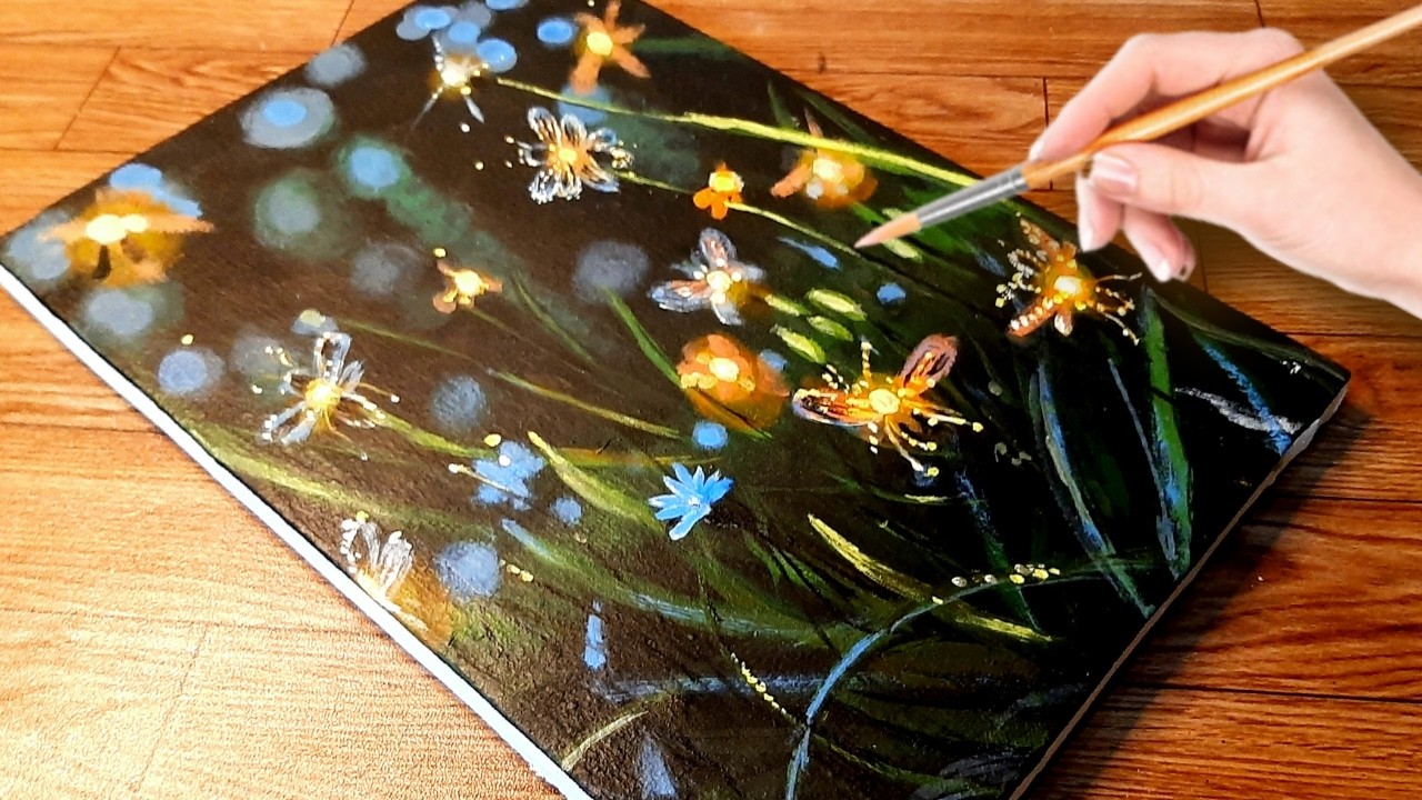 Magical View of Fireflies || EASY Acrylic Painting for Beginners