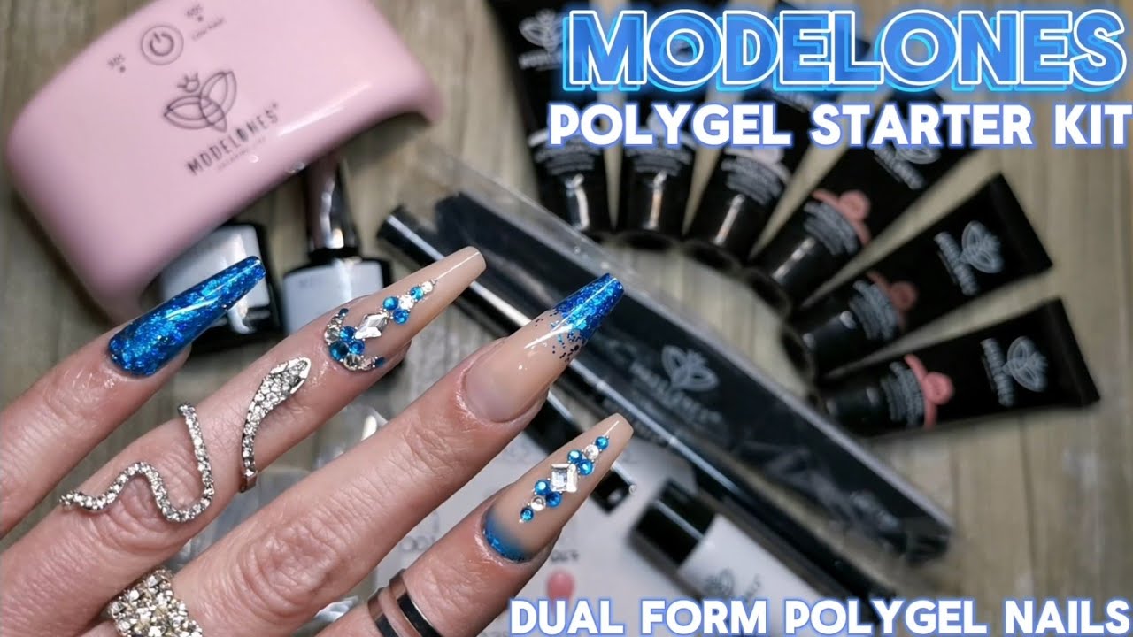 GORGEOUS LONG BLUE NAIL EXTENSIONS How to use dual forms with polygel ft Modelones poly nail gel kit